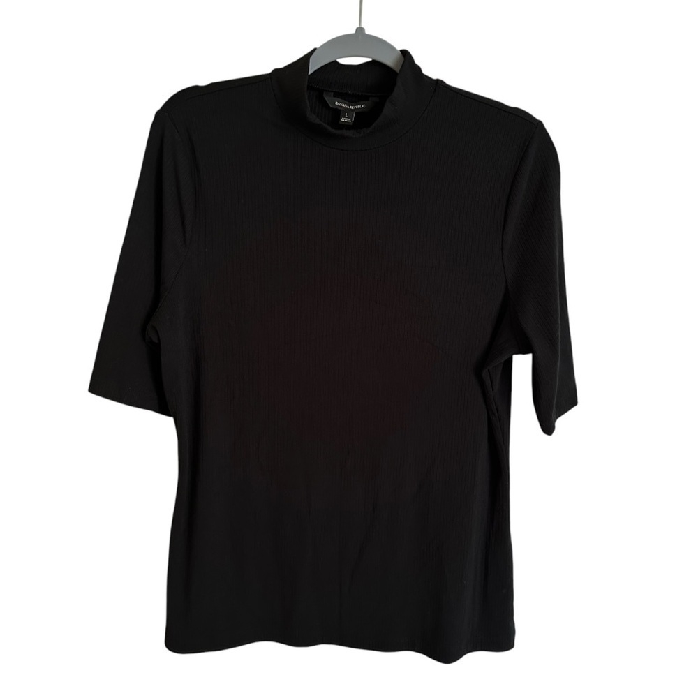 NWT Banana Republic Large Black Rib Knit Mockneck Fitted Top Halfโ Sleeve New